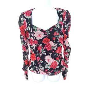 Y2K Floral‎ Mesh Ruched Top Size Large Fairy Grunge Whimsigoth Cottagecore